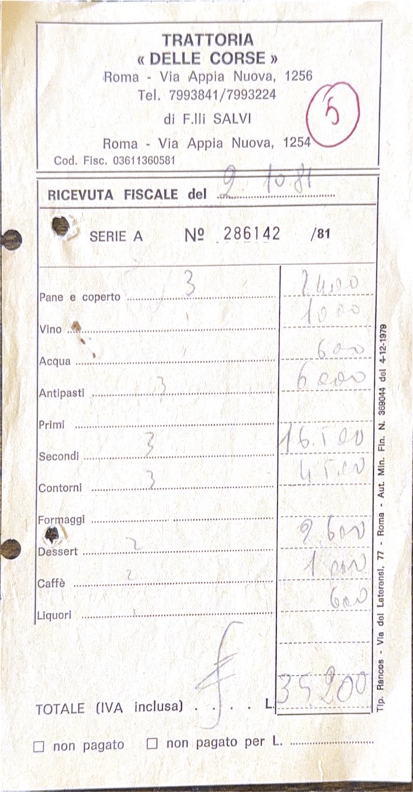 Ricevuta fiscale della Trattoria Delle Corse dei Fratelli Salvi, Via Appia Nuova 1256, ottobre 1981