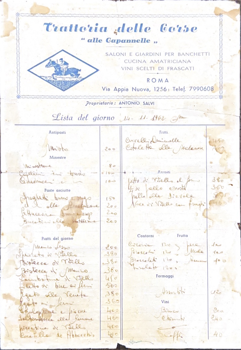 Lista del giorno della Trattoria delle Corse alle Capannelle, 14 novembre 1962, proprietario Antonio Salvi